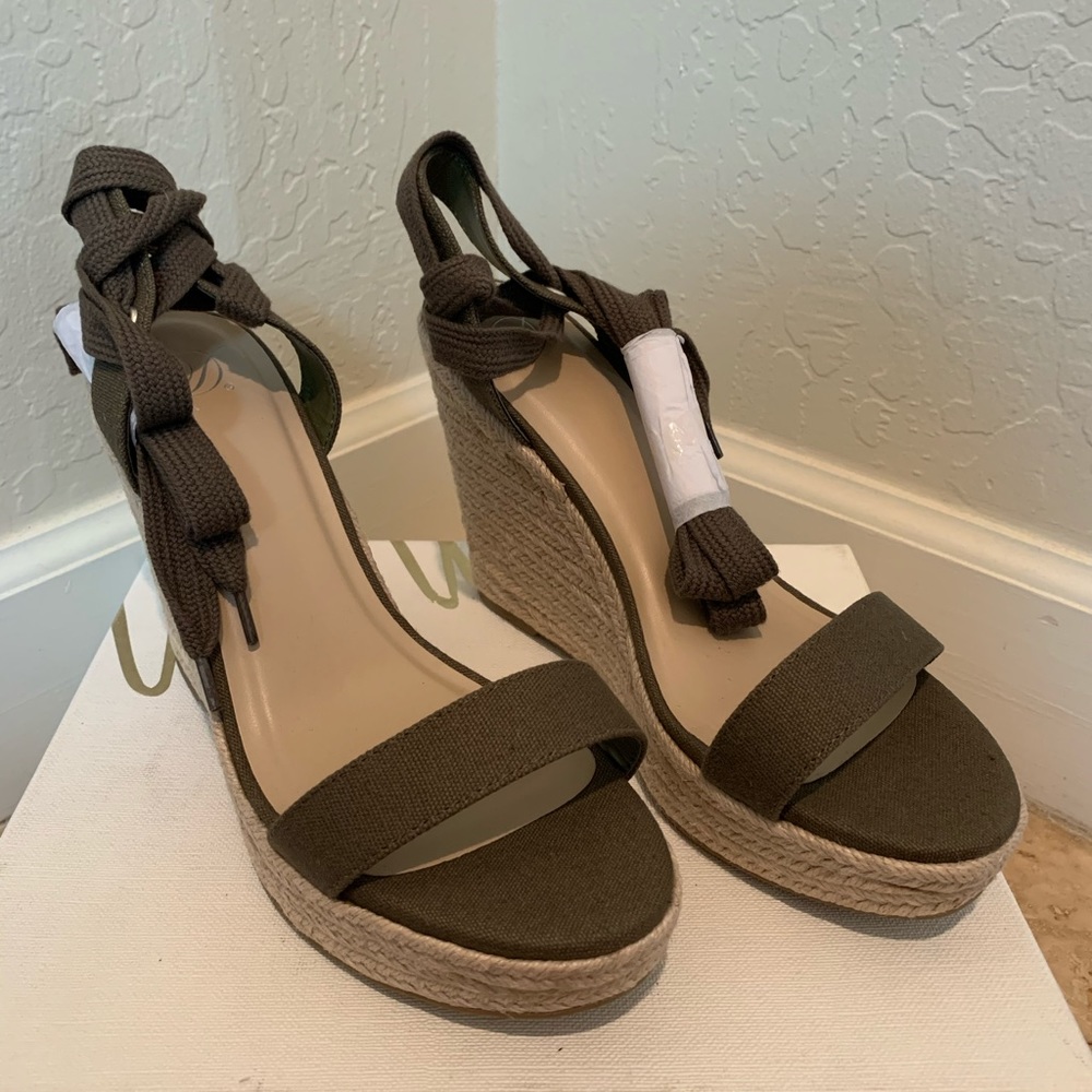 Olive and tan wedges